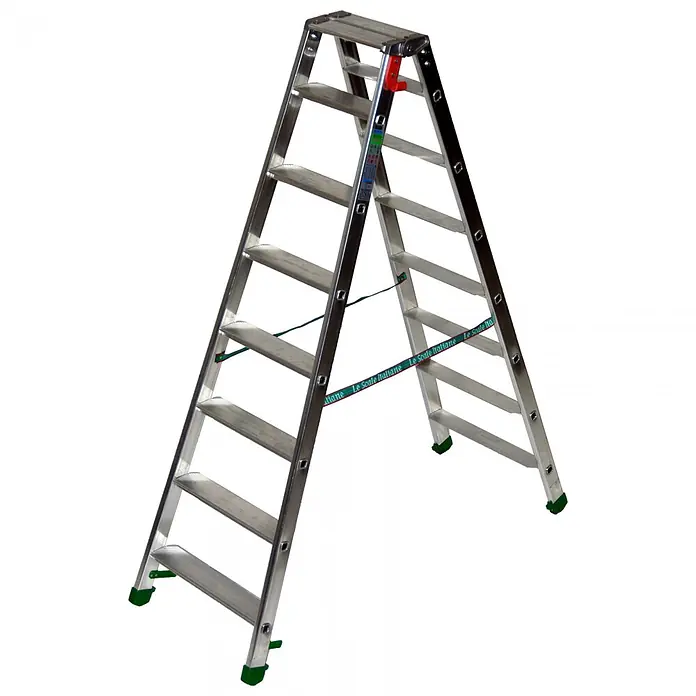 Facal Stehleiter Stufenstehleiter DUPLA S600 7 Stufen - Anzahl Tritte: 7 Stk., Arbeitshöhe: 2.540 m, Aluminium - Silberne Aluminium-Klappleiter mit grünen rutschfesten Füßen und Sicherheitsgurt.