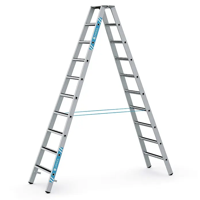 Zarges Stehleiter gebördelte Stufen-Stehleiter R13step-B eloxiert 2x10 Stufen - Anzahl Tritte: 10 Stk., Arbeitshöhe: 4.150 m, Aluminium - Silberne Aluminium-Doppelstehleiter mit schwarzen Anti-Rutsch-Stufen und blauen Sicherungsseilen.