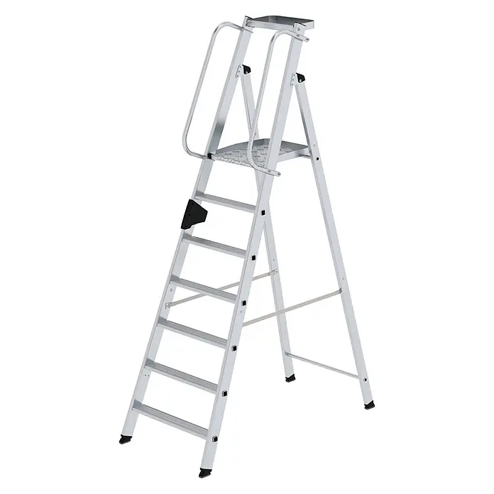 Munk Stehleiter Aluminium-Stehleiter 7 Stufen - Anzahl Tritte: 7 Stk., Arbeitshöhe: 3.650 m, Aluminium - Silberne Aluminium-Plattformleiter mit breiter Standfläche und Sicherheitsgeländern.