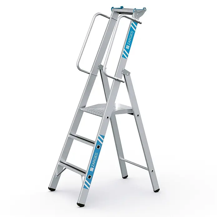 Zarges Stehleiter gebördelte Stehleiter Meistertritt S mit großer Plattform und Ablage 3 St - Anzahl Tritte: 3 Stk., Arbeitshöhe: 2.800 m, Aluminium - Silberne Aluminium-Plattformleiter mit Handläufen und rutschfesten Füßen für sicheres Arbeiten in der Höhe.