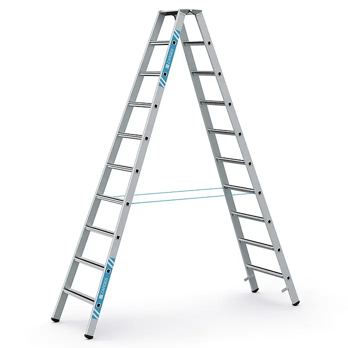Zarges Stehleiter gebördelte Stehleiter, eloxiert Saferstep B 2x10 Stufen - Anzahl Tritte: 10 Stk., Arbeitshöhe: 4.150 m, Aluminium - Silberne Aluminium-Stehleiter mit blauen Sicherheitsseilen und schwarzen Anti-Rutsch-Stufen.