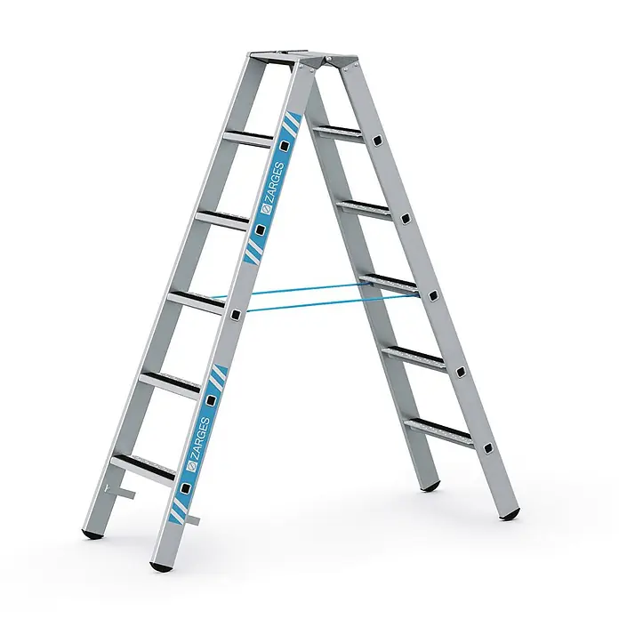 Zarges Stehleiter gebördelte Stufen-Stehleiter R13step-B eloxiert 2x6 Stufen - Anzahl Tritte: 6 Stk., Arbeitshöhe: 3.050 m, Aluminium - Silberne Aluminium-Doppelleiter mit schwarzen Anti-Rutsch-Stufen und -Füßen, blauer Zarges-Markierung und Sicherungsbändern.