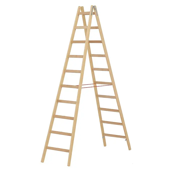 Hymer Stehleiter Holz Sprossenstehleiter mit Eimerhaken 2x10 Sprossen - Anzahl Tritte: 10 Stk., Arbeitshöhe: 4.200 m, Holz - Zweiseitige Holz-Stehleiter in Naturholzoptik mit roten Sicherheitsgurten.