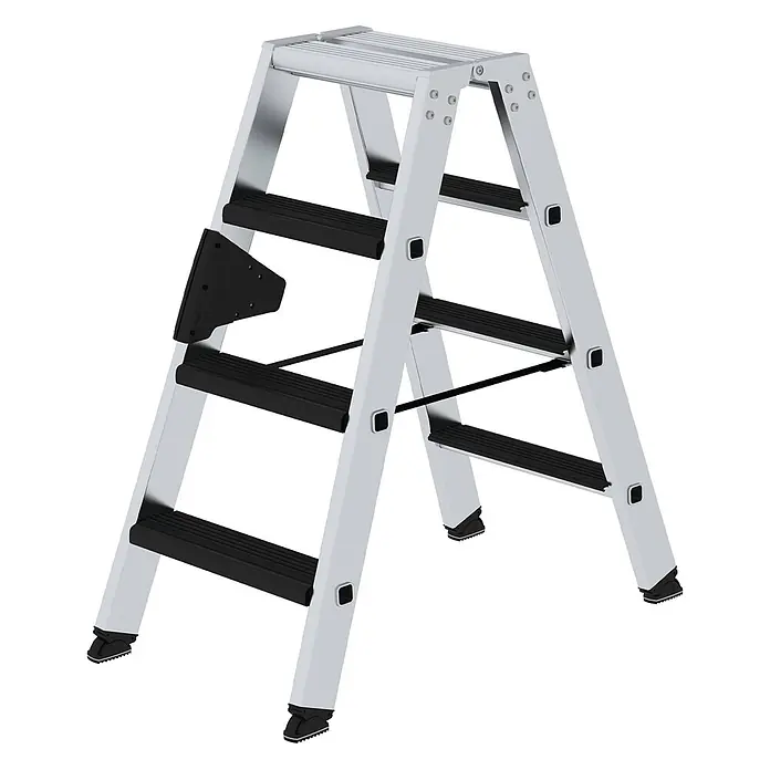 Munk Stehleiter Stehleiter beidseitig begehbar mit relax-step 2x4 Stufen - Anzahl Tritte: 4 Stk., Arbeitshöhe: 2.450 m, Aluminium - Silberne Aluminium-Klappleiter mit schwarzen rutschfesten Stufen und Stabilisatoren.