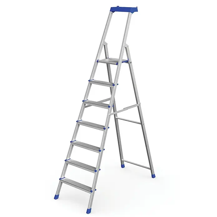 Werner Stehleiter Stufenstehleiter Pro Smart 7 Stufen - Anzahl Tritte: 7 Stk., Arbeitshöhe: 3.740 m, Aluminium - Ausgeklappte silberne Aluminium-Klappleiter mit blauen Kunststofffüßen und Stufenakzenten.