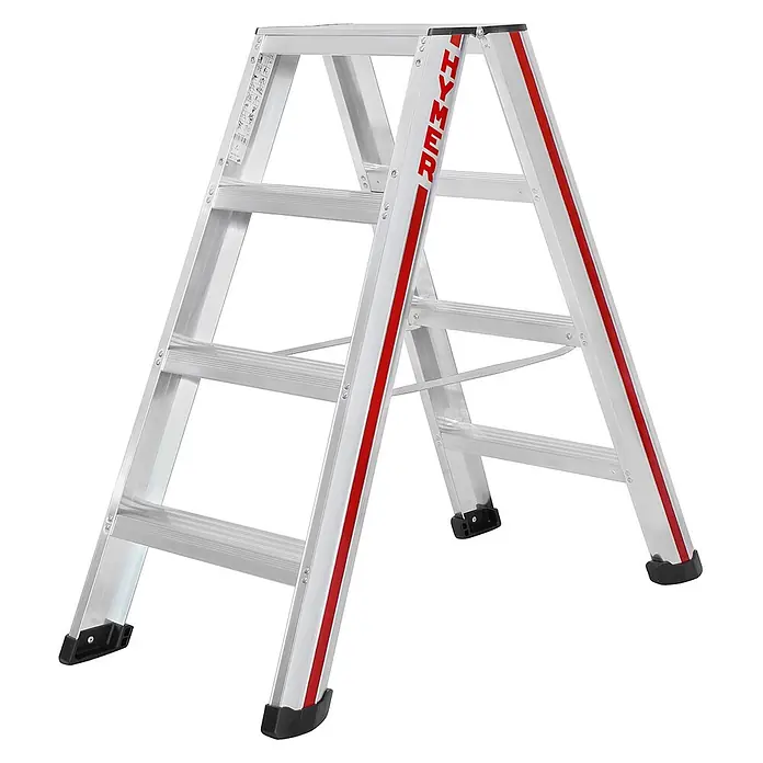 Hymer Stehleiter Stufenstehleiter mit vernieteten Leiterschuhen 2x4 Stufen - Anzahl Tritte: 4 Stk., Arbeitshöhe: 2.440 m, Aluminium - HYMER Stehleiter aus silbernem Aluminium mit roten Streifen und schwarzen Antirutschfüßen.