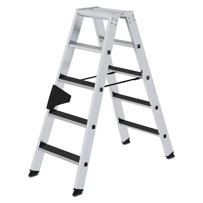 Munk Stehleiter Stehleiter beidseitig begehbar mit clip-step R13 2x5 Stufen - Anzahl Tritte: 5 Stk., Arbeitshöhe: 2.650 m, Aluminium - Silberne Aluminium-Klappleiter mit schwarzen rutschfesten Stufen und Schutzkappen.