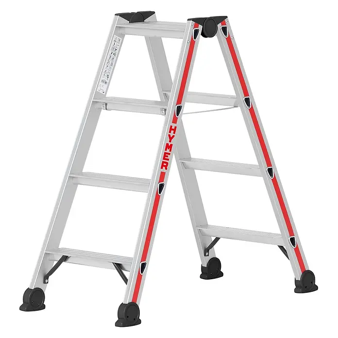 Hymer Stehleiter Stufenstehleiter eloxiert 2x4 Stufen - Anzahl Tritte: 4 Stk., Arbeitshöhe: 2.420 m, Aluminium - Silberne Aluminium-Klappleiter mit roten Akzentstreifen, schwarzen Antirutschfüßen und HYMER-Logo.