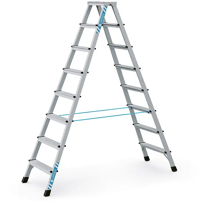 Zarges Stehleiter genietete Stehleiter eloxiert XLstep B 2x10 Stufen - Anzahl Tritte: 10 Stk., Arbeitshöhe: 4.000 m, Aluminium - Silberfarbene Aluminium-Doppelstehleiter mit schwarzen rutschfesten Füßen und blauen Sicherheitsgurten, für stabilen Zugang.