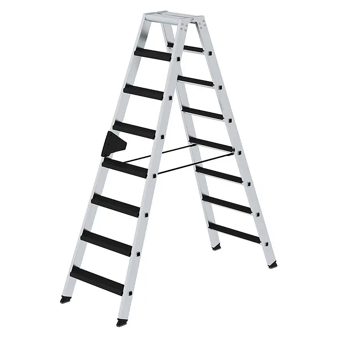 Munk Stehleiter Stehleiter beidseitig begehbar mit relax-step 2x8 Stufen - Anzahl Tritte: 8 Stk., Arbeitshöhe: 3.400 m, Aluminium - Silberne Aluminium-Klappleiter mit schwarzen Anti-Rutsch-Stufen und Füßen, A-Rahmen-Design.