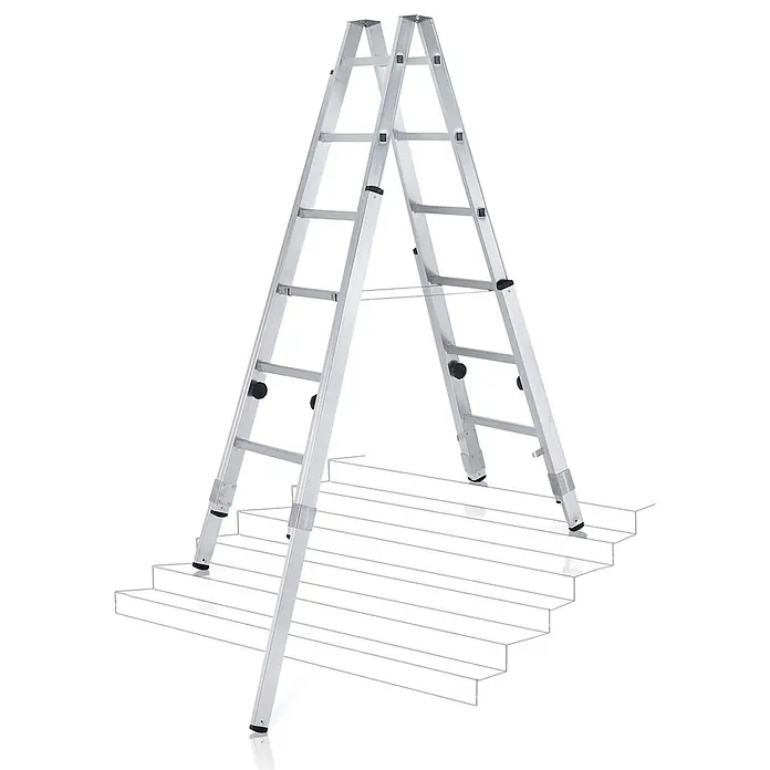 Zarges Stehleiter Stehleiter Varioflex B mit verlängerbaren Holmen 2x6 Stufen - Anzahl Tritte: 6 Stk., Arbeitshöhe: 3.000 m, Aluminium - Silberne Aluminium-Klappleiter mit ausziehbaren Beinen, auf einer skizzierten Treppe platziert, zeigt Anpassbarkeit an unebene Flächen.