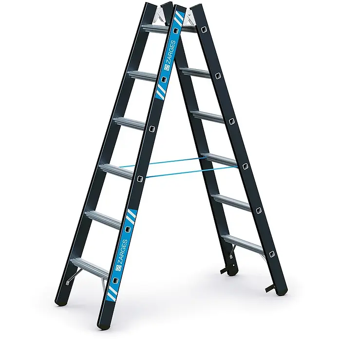 Zarges Stehleiter SL Doppelleiter Megastep B 2x6 Stufen - Anzahl Tritte: 6 Stk., Arbeitshöhe: 3.000 m, Aluminium - Schwarze Stehleiter mit silbernen Sprossen, blauen Sicherungsbändern und ZARGES-Branding.
