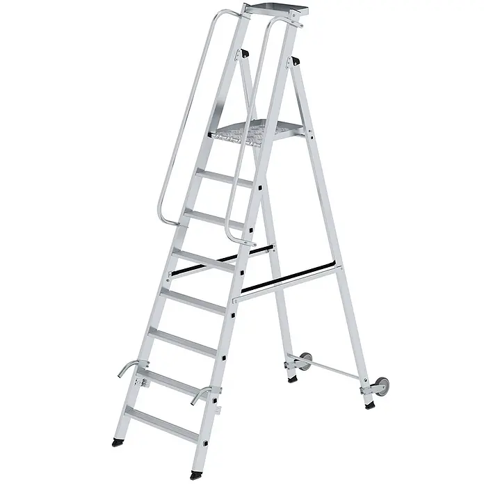 Munk Stehleiter Aluminium-Stehleiter mit Rollen und Griff 8 Stufen - Anzahl Tritte: 8 Stk., Arbeitshöhe: 3.900 m, Aluminium - Silberne Aluminium-Arbeitsplattformleiter mit breiten Stufen, Handläufen und Rollen für leichte Bewegung.