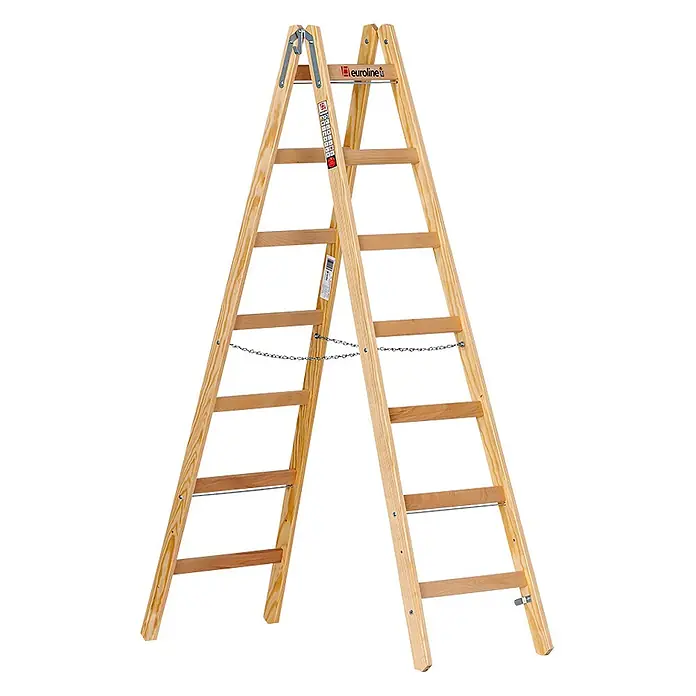 Euroline Stehleiter Holz Sprossenstehleiter 2x7 Sprossen - Anzahl Tritte: 7 Stk., Arbeitshöhe: 3.300 m, Holz - Naturholz-Klappleiter mit Metallscharnieren, Sicherheitskette und Stabilisierungsstangen.