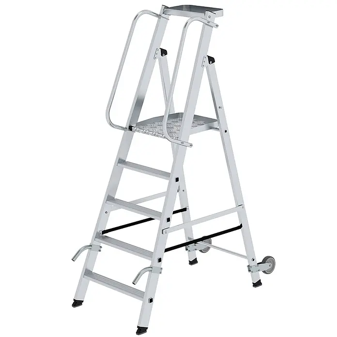 Munk Stehleiter Aluminium-Stehleiter mit Rollen und Griff 5 Stufen - Anzahl Tritte: 5 Stk., Arbeitshöhe: 3.150 m, Aluminium - Silberne Aluminium-Stehleiter mit großer Plattform, Sicherheitsgeländern und Rollen für Mobilität.