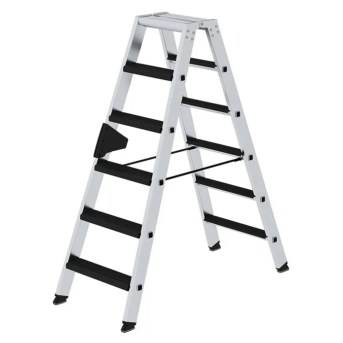 Munk Stehleiter Stehleiter beidseitig begehbar mit relax-step 2x6 Stufen - Anzahl Tritte: 6 Stk., Arbeitshöhe: 2.900 m, Aluminium - Silberne Aluminium-Klappleiter mit schwarzen rutschfesten Stufen.