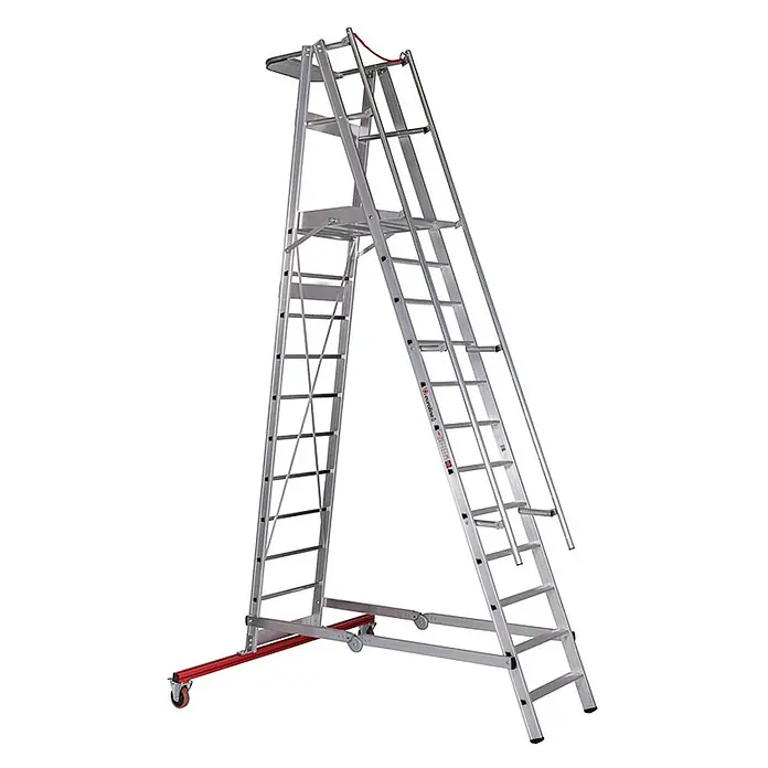 Euroline Stehleiter Premium 32777 Podestleiter fahrbar 12 Stufen - Anzahl Tritte: 12 Stk., Arbeitshöhe: 4.810 m, Aluminium - Mobile Aluminium-Arbeitsplattform mit Stufen, Handläufen und Rollgestell.