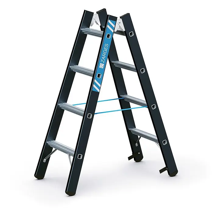 Zarges Stehleiter SL Doppelleiter Megastep B 2x4 Stufen - Anzahl Tritte: 4 Stk., Arbeitshöhe: 2.500 m, Aluminium - Dunkelgraue ZARGES Stehleiter mit silbernen Sprossen und blauen Sicherungsbändern.