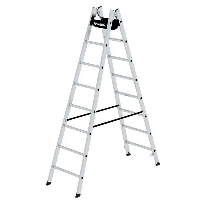 Munk Stehleiter Sprossenstehleiter 2x8 Sprossen - Anzahl Tritte: 8 Stk., Arbeitshöhe: 3.700 m, Aluminium - Silberne Aluminium-Doppelleiter mit schwarzen Stabilisatoren und rutschfesten Füßen, mit Munk-Logo.