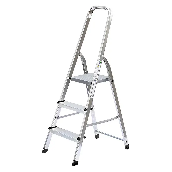 Munk Stehleiter Standard Haushaltsleiter 3 Stufen - Anzahl Tritte: 3 Stk., Arbeitshöhe: 2.800 m, Aluminium - Kompakte, silberne Aluminium-Klappleiter mit drei Stufen und einer Plattform.