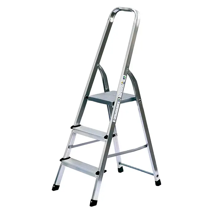Munk Stehleiter Standard Haushaltsleiter 3 Stufen - Anzahl Tritte: 3 Stk., Arbeitshöhe: 2.800 m, Aluminium - Silberne Aluminium-Klappleiter mit 3 Stufen, grauer Plattform und Haltegriff, schwarzen Antirutschfüßen.