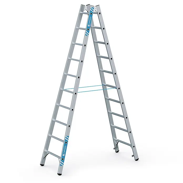 Zarges Stehleiter Sprossenstehleiter Coni B 2x10 Sprossen - Anzahl Tritte: 10 Stk., Arbeitshöhe: 4.050 m, Aluminium - Silberne ZARGES Aluminium-Stehleiter mit blauen Sicherheitsgurten.