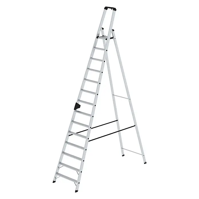 Munk Stehleiter Stehleiter mit ergo-pad 14 Stufen - Anzahl Tritte: 14 Stk., Arbeitshöhe: 5.250 m, Aluminium - Silberne Aluminium-Klappleiter mit schwarzen Griffen und Füßen, vielen Sprossen und A-Rahmen-Design.