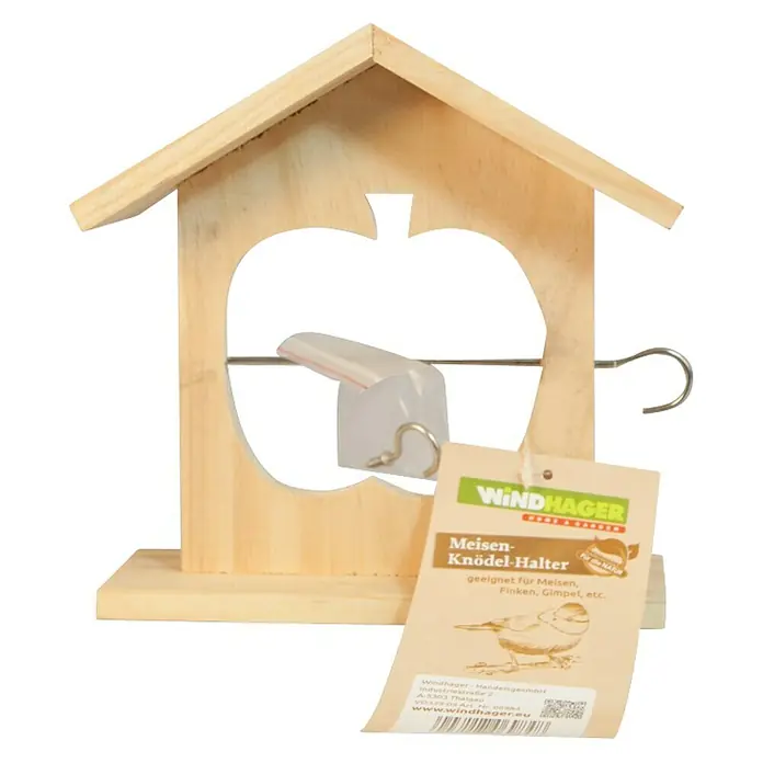 Windhager Meisenknödelhalter - L x B x H: 19 x 6 x 19,5 cm, Massivholz, Unbehandelt - Ein hölzerner Meisenknödelhalter von Windhager in Apfelform mit Aufhänger und Etikett, ideal für den Garten.
