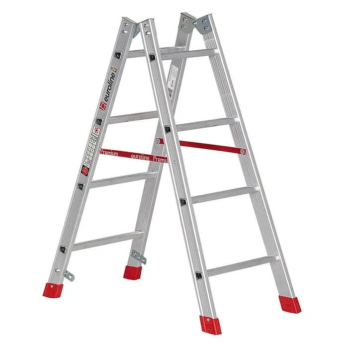 Euroline Stehleiter Premium 305 Sprossenstehleiter 2x4 Sprossen - Anzahl Tritte: 4 Stk., Arbeitshöhe: 2.500 m, Aluminium - Silberne Aluminium-Klappleiter mit roten, rutschfesten Füßen und Querstrebe für Stabilität.