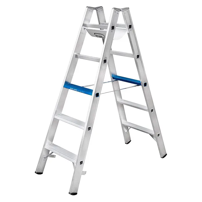 Iller Leiter Stehleiter Stufensteh Alu Ergo Plus mit 2x6 Stufen 3,06m AH - Anzahl Tritte: 6 Stk., Arbeitshöhe: 3.060 m, Aluminium - Silberne Aluminium-Klappleiter mit blauer Sicherheitsstrebe und weißer Ablage.