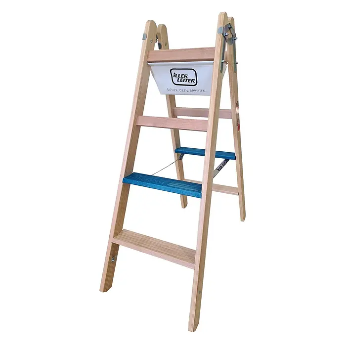 Iller Leiter Stehleiter Holz Stufensteh ERGO Plus inkl. Werkzeugtasche und Eimerhaken 2x4 Stufen 2, - Anzahl Tritte: 4 Stk., Arbeitshöhe: 2.780 m, Holz - Holz-Klappleiter mit blauen Stufen und weißer Werkzeugablage für sicheres Arbeiten in der Höhe.