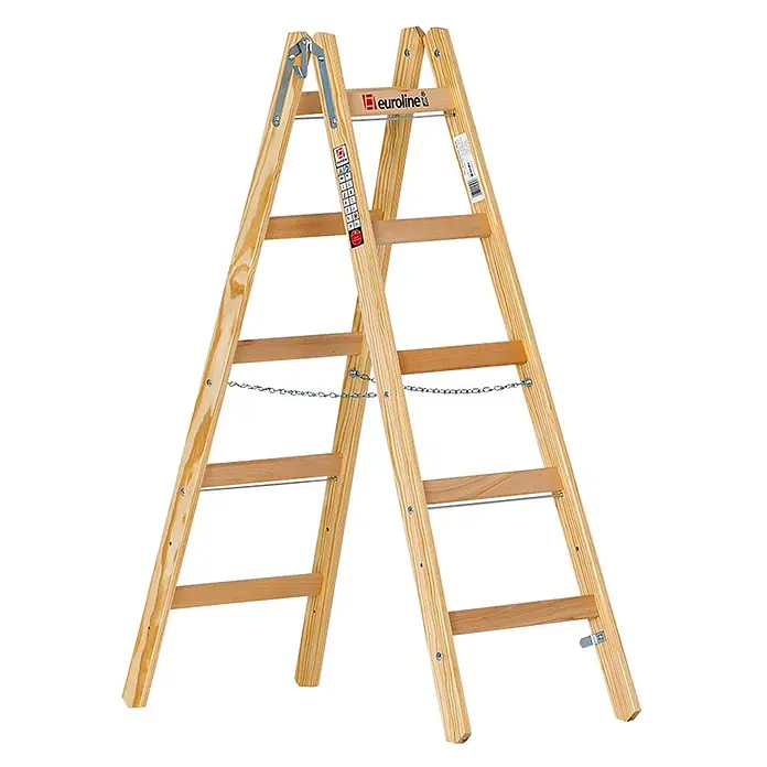 Euroline Stehleiter Holz Sprossenstehleiter 2x5 Sprossen - Anzahl Tritte: 5 Stk., Arbeitshöhe: 2.800 m, Holz - Selbststehende Holz-Klappleiter mit mehreren Sprossen und Metall-Sicherheitsketten.