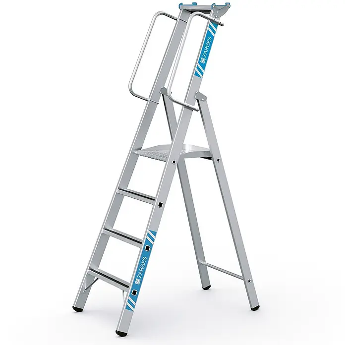 Zarges Stehleiter gebördelte Stehleiter Meistertritt S mit großer Plattform und Ablage 4 St - Anzahl Tritte: 4 Stk., Arbeitshöhe: 3.100 m, Aluminium - Silberne Aluminium-Klappstiege mit mehreren Stufen, großer Plattform und Haltebügeln.