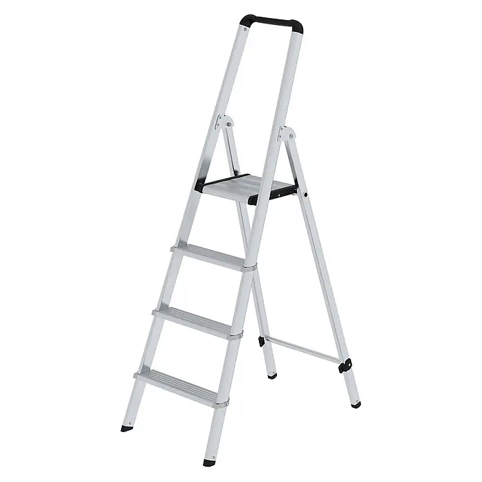 Munk Stehleiter Stufenstehleiter ML einseitig begehbar 4 Stufen - Arbeitshöhe: 2.950 m, Aluminium - Aluminium-Klappleiter mit 3 Stufen, breiter Plattform, schwarzem Handlauf und rutschfesten Füßen.