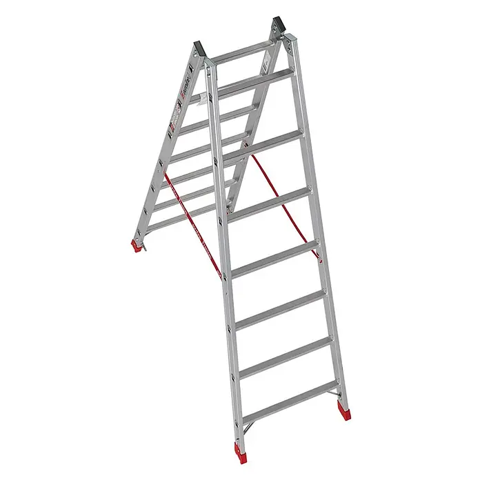 Euroline Stehleiter Premium 305 Sprossenstehleiter 2x8 Sprossen - Anzahl Tritte: 8 Stk., Arbeitshöhe: 3.600 m, Aluminium - Silberne Aluminium-Stehleiter mit roten Sicherungsgurten und Fußkappen, als Bockleiter aufgestellt.