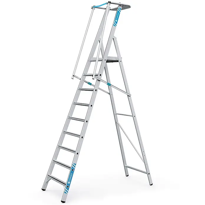 Zarges Stehleiter Stufenleiter ZAP Safemaster S mit großer Plattform 9 Stufen - Anzahl Tritte: 9 Stk., Arbeitshöhe: 4.340 m, Aluminium - Silberne Aluminium-Plattformleiter mit blauen Sicherheitselementen für stabilen Zugang in der Höhe.