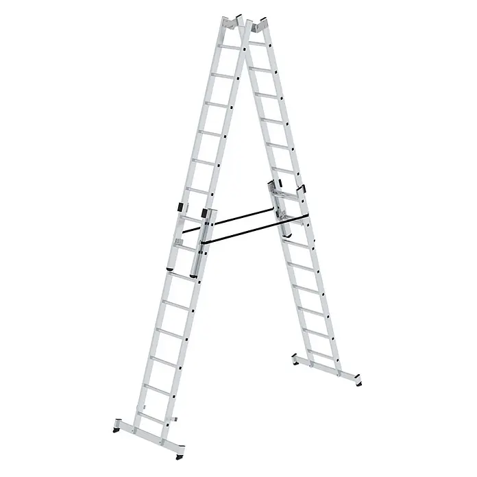 Munk Stehleiter Stehleiter mit nivello-Traverse 4x8 Sprossen - Anzahl Tritte: 8 Stk., Arbeitshöhe: 5.100 m, Aluminium - Silberne Aluminium-Mehrzweckleiter, zwei Teile bilden eine stabile A-Form, verbunden durch schwarze Stabilisatoren.