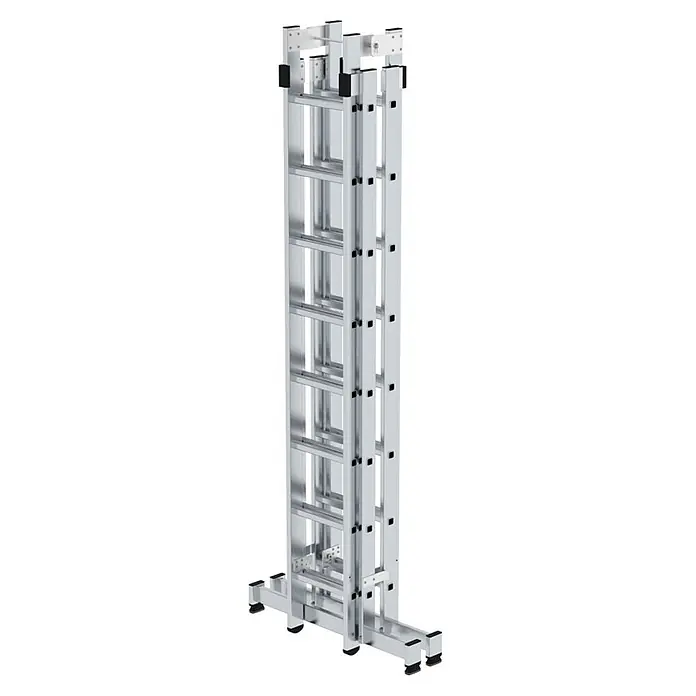 Munk Stehleiter Stehleiter mit nivello-Traverse 4x8 Sprossen - Anzahl Tritte: 8 Stk., Arbeitshöhe: 5.100 m, Aluminium - Silberne Aluminium-Teleskopleiter, zusammengeklappt zur Aufbewahrung, mit breiten Stabilisatorfüßen.