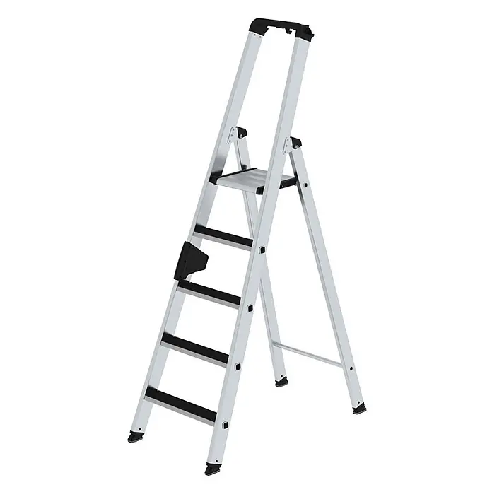 Munk Stehleiter Stehleiter mit clip-step 5 Stufen - Anzahl Tritte: 5 Stk., Arbeitshöhe: 3.150 m, Aluminium - Klappbare Aluminium-Trittleiter mit schwarzen Anti-Rutsch-Stufen und Haltegriff.