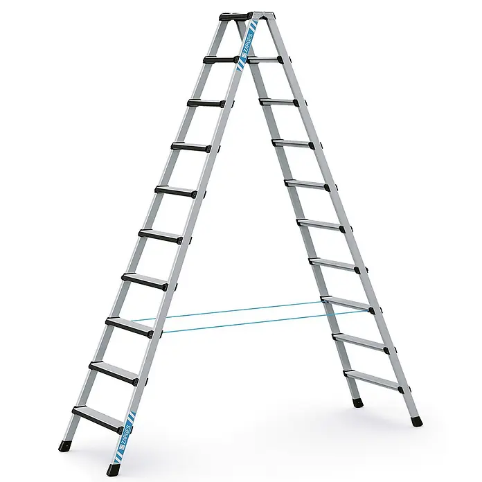Zarges Stehleiter Comfortstep B Stehleiter mit gepolsterter Stufen-Vorderkante 2x10 Stufen - Anzahl Tritte: 10 Stk., Arbeitshöhe: 3.800 m, Aluminium - Silberne Aluminium-Klappleiter mit schwarzen Stufen, durch blaue Gurte gesichert.