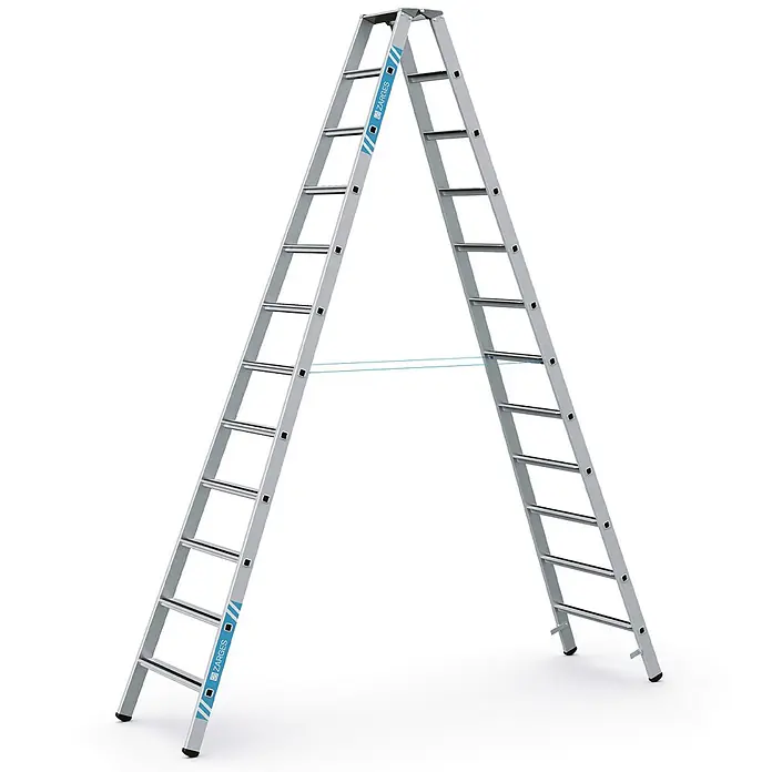 Zarges Stehleiter gebördelte Stehleiter, eloxiert Saferstep B 2x12 Stufen - Anzahl Tritte: 12 Stk., Arbeitshöhe: 4.650 m, Aluminium - Silberne Aluminium-Klappleiter mit blauen Sicherungsbändern.
