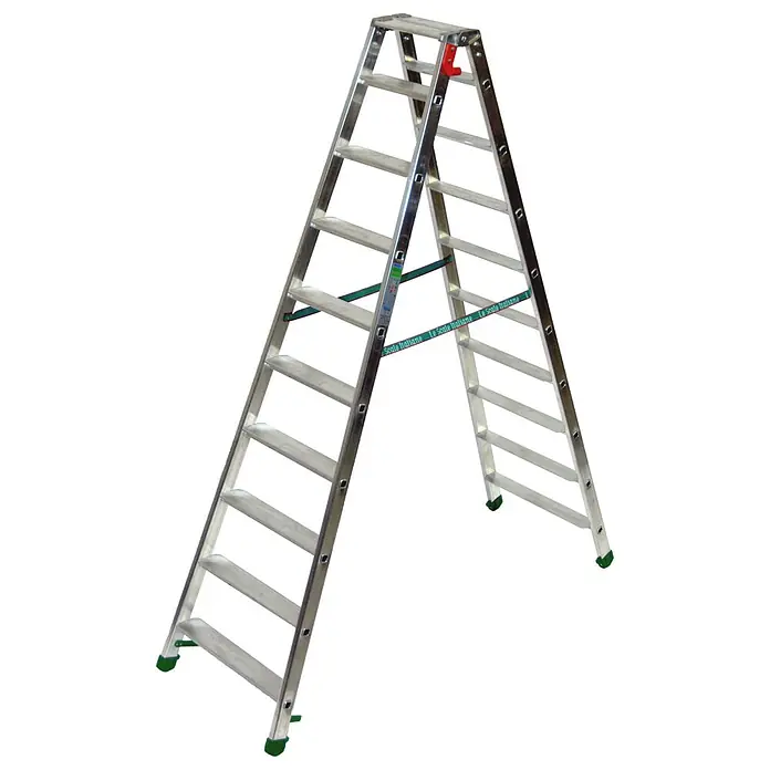 Facal Stehleiter Stufenstehleiter DUPLA S600 9 Stufen - Anzahl Tritte: 9 Stk., Arbeitshöhe: 2.990 m, Aluminium - Silberne Aluminium-Stehleiter mit grünen Füßen, rotem Scharnier und grünen Sicherheitsgurten.