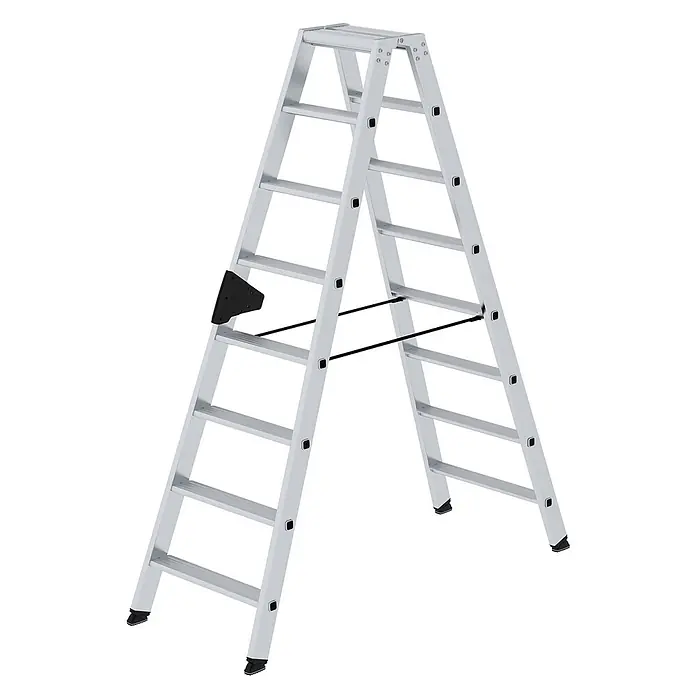 Munk Stehleiter Stehleiter mit ergo-pad beidseitig begehbar 2x8 Stufen - Anzahl Tritte: 8 Stk., Arbeitshöhe: 3.400 m, Aluminium - Silberne doppelseitige Aluminium-Stehleiter mit schwarzen Anti-Rutsch-Füßen und Querstangen.