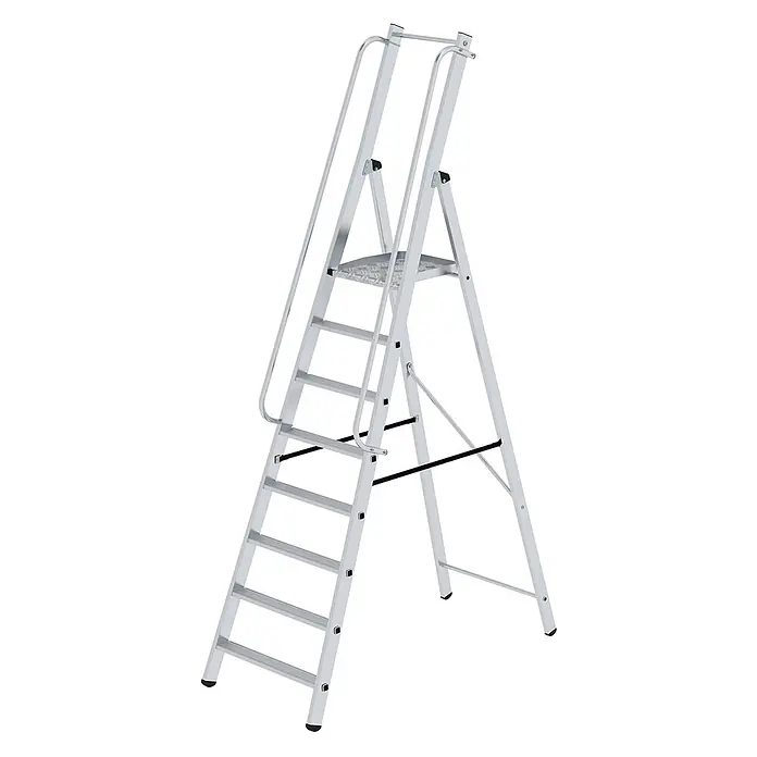 Munk Stehleiter ML Bauleiter Aluminium-Stufenstehleiter 8 Stufen - Anzahl Tritte: 8 Stk., Arbeitshöhe: 3.830 m, Aluminium - Silberne Aluminium-Plattformleiter mit breiten Stufen und Sicherheitsgeländern.