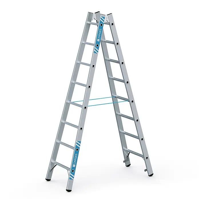 Zarges Stehleiter Sprossenstehleiter Coni B 2x8 Sprossen - Anzahl Tritte: 8 Stk., Arbeitshöhe: 3.550 m, Aluminium - Silberne Aluminium-Stehleiter mit blauen Stabilisierungsbändern.