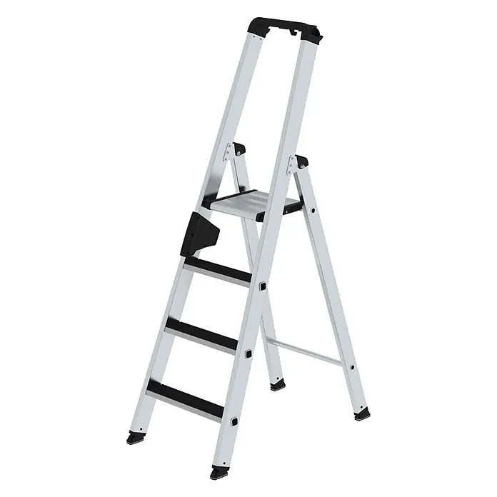 Munk Stehleiter Stehleiter mit clip-step 4 Stufen - Anzahl Tritte: 4 Stk., Arbeitshöhe: 2.950 m, Aluminium - Klappbare Aluminium-Trittleiter in Silber mit drei rutschfesten Stufen, einer Plattform und schwarzem Griff. Mit schwarzen Anti-Rutsch-Füßen.