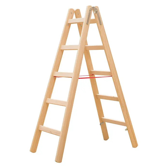 Hymer Stehleiter Holz Sprossenstehleiter mit Eimerhaken 2x5 Sprossen - Anzahl Tritte: 5 Stk., Arbeitshöhe: 2.850 m, Holz - Stehleiter aus Naturholz mit A-Rahmen-Design und rotem Sicherungsband.