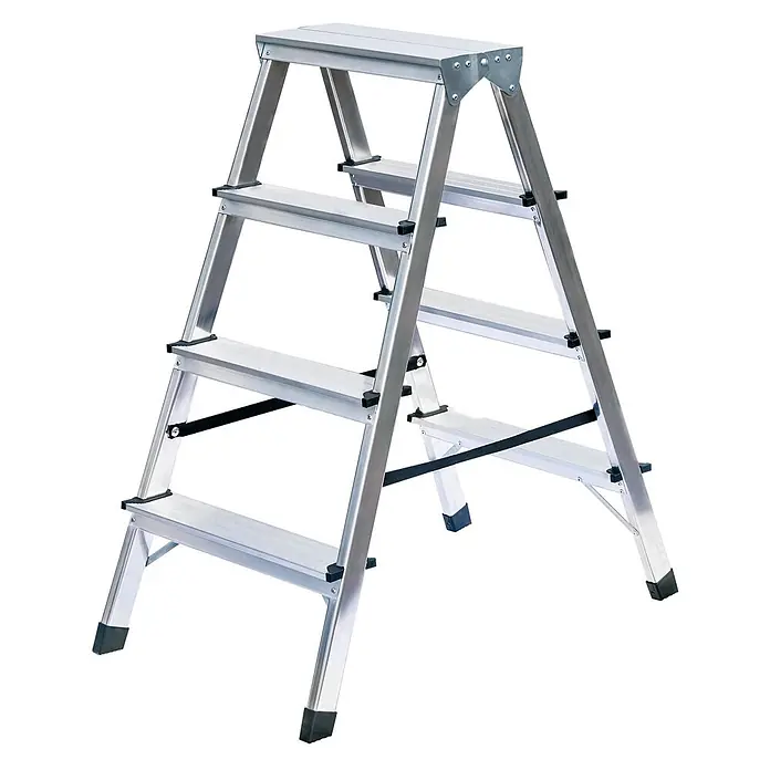 Munk Stehleiter Doppelleiter 2x4 Stufen - Anzahl Tritte: 4 Stk., Arbeitshöhe: 2.500 m, Aluminium - Silberne Aluminium-Stehleiter mit 4 rutschfesten schwarzen Stufen und Schutzkappen.