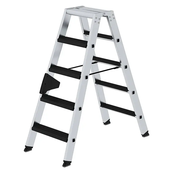 Munk Stehleiter Stehleiter beidseitig begehbar mit relax-step 2x5 Stufen - Anzahl Tritte: 5 Stk., Arbeitshöhe: 2.650 m, Aluminium - Silberne Aluminium-Klappleiter mit schwarzen rutschfesten Stufen und Schutzfüßen.