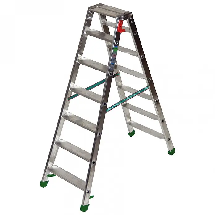 Facal Stehleiter Stufenstehleiter DUPLA S600 6 Stufen - Anzahl Tritte: 6 Stk., Arbeitshöhe: 2.300 m, Aluminium - A-Rahmen Aluminium-Klappleiter mit silbernen Stufen, grünen Füßen und rotem Verriegelungsmechanismus. Mit grünen Sicherheitsgurten.